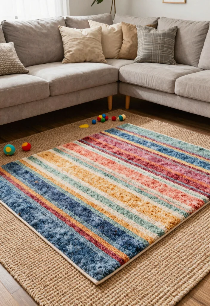 18 Layered Rugs Living Room Ideas for Cozy Vibes - 16. Layering for Family-Friendly Spaces 1