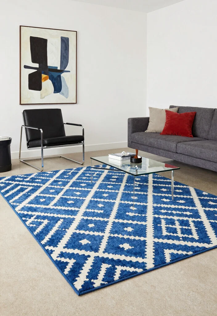 18 Layered Rugs Living Room Ideas for Cozy Vibes - 2. Go Bold with Geometric Patterns 1