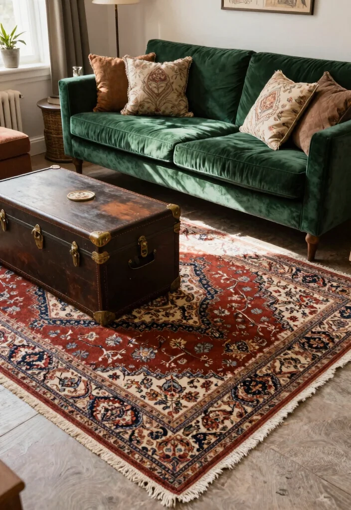 18 Layered Rugs Living Room Ideas for Cozy Vibes - 5. Vintage Charm with Layered Antiques 1