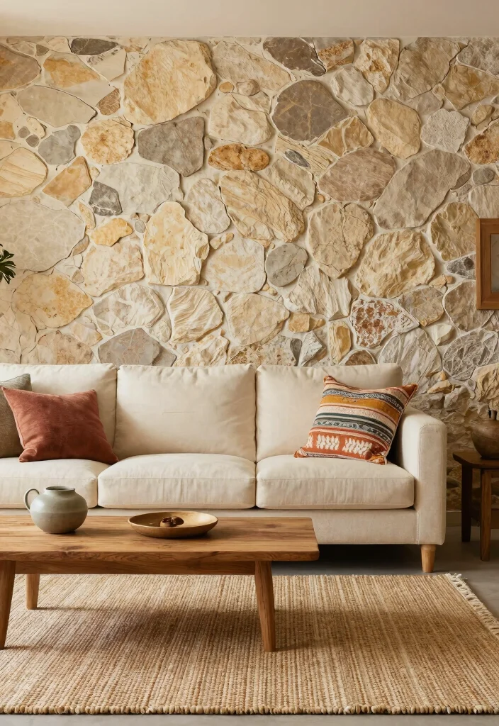 18 Living Room Feature Wall Ideas for Instant Visual Impact - 10. Pebble or Stone Wall 1