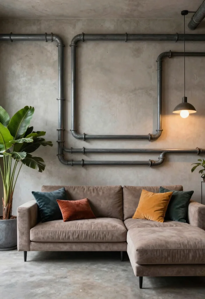 18 Living Room Feature Wall Ideas for Instant Visual Impact - 13. Industrial Pipe Wall 1