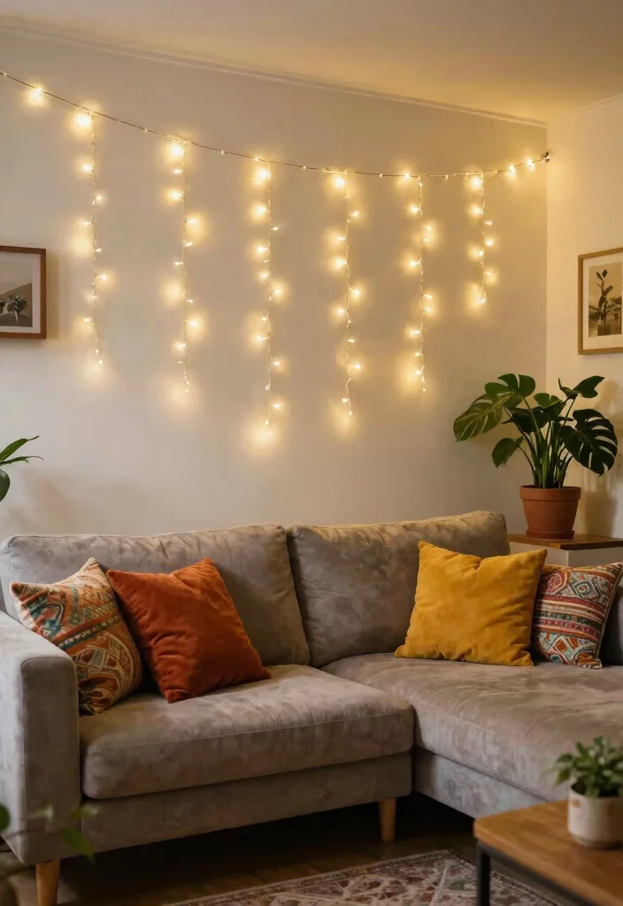 18 Living Room Feature Wall Ideas for Instant Visual Impact - 17. Whimsical Fairy Lights 1