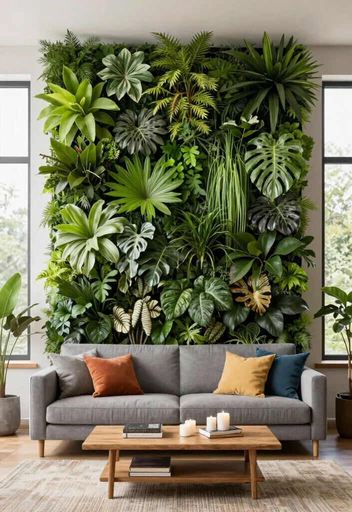 18 Living Room Feature Wall Ideas for Instant Visual Impact - 6. Plants as Wall Art 1