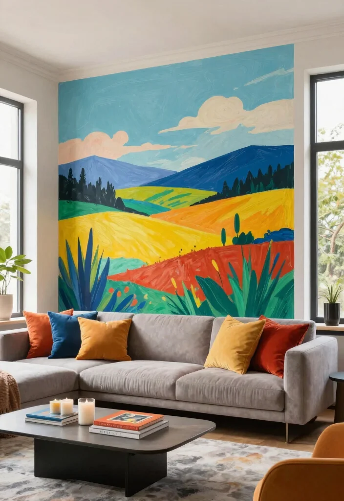 18 Living Room Feature Wall Ideas for Instant Visual Impact - 8. Striking Mural or Wall Art 1