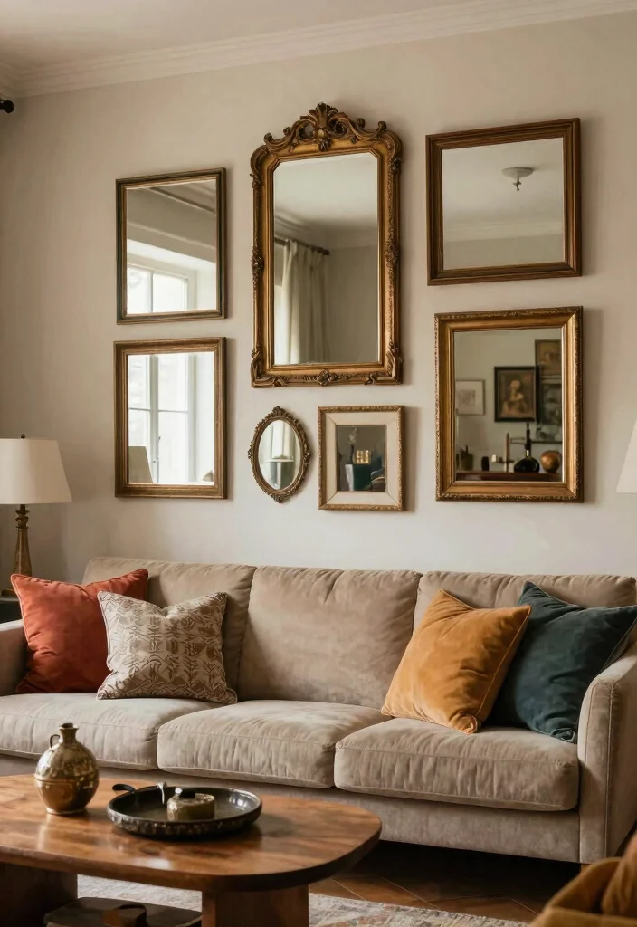 18 Living Room Feature Wall Ideas for Instant Visual Impact - 9. Vintage Frames and Mirrors 1