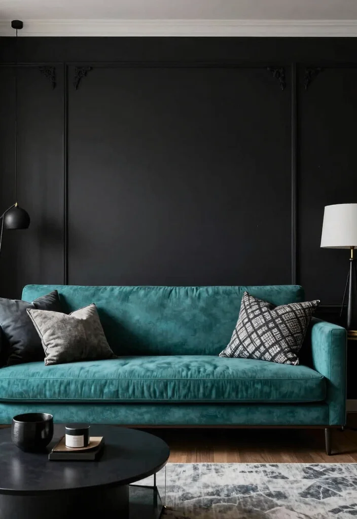 18 Teal Sofa Living Room Color Palettes Rich Luxe Vibes - 17. Teal and Black: Bold Contrast 1