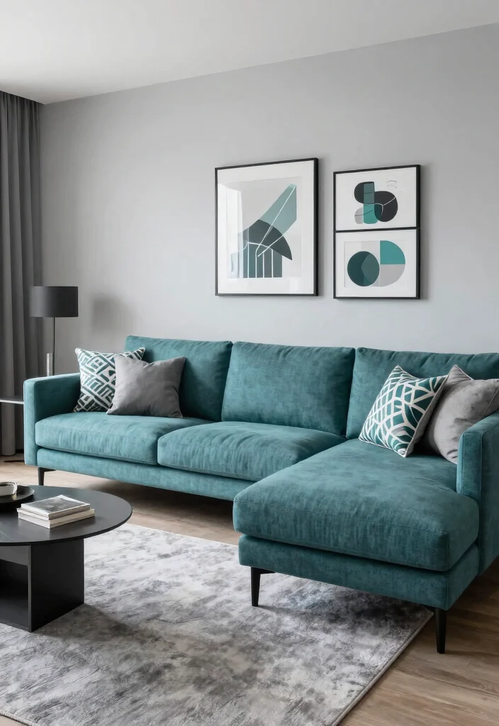 18 Teal Sofa Living Room Color Palettes Rich Luxe Vibes - 5. Teal and Grey: Sleek and Modern 1