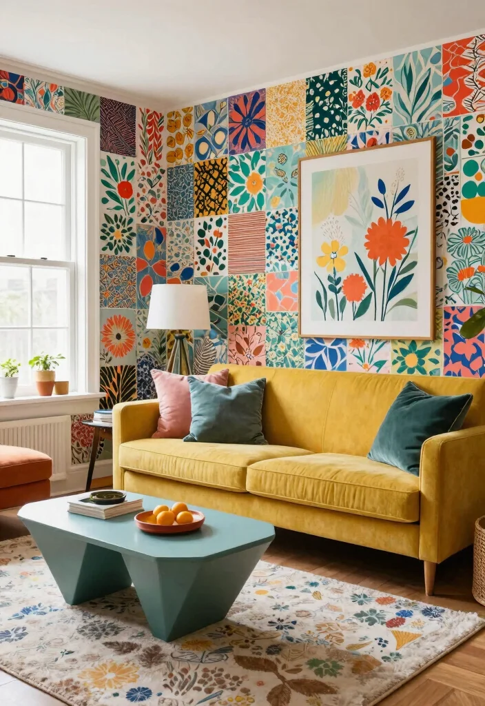 18 Wallpaper in Living Room Ideas Trend Forward Looks - 12. Colorful Patchwork Patterns 1