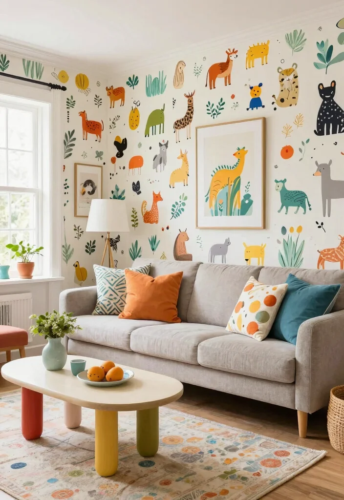 18 Wallpaper in Living Room Ideas Trend Forward Looks - 15. Whimsical Child-Inspired Prints 1
