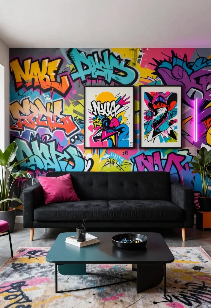 18 Wallpaper in Living Room Ideas Trend Forward Looks - 18. Artistic Graffiti-Inspired Wallpaper 1