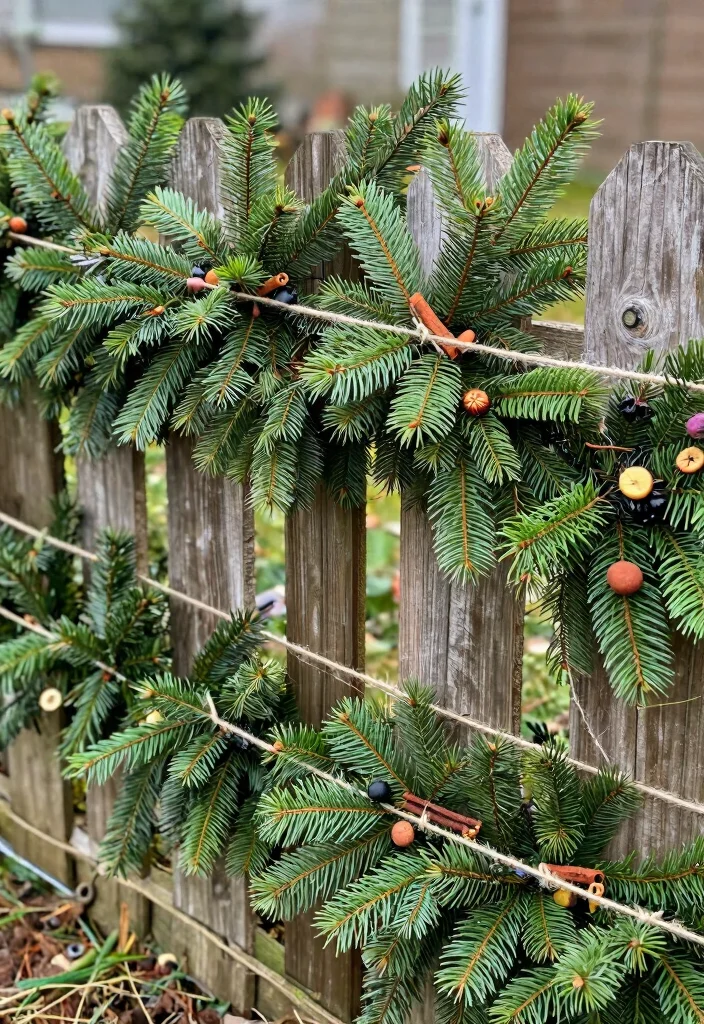 12 Christmas Fence Decor Ideas That Hang Without Drilling Holes - 12. Pine Branch Twine Wraps 1