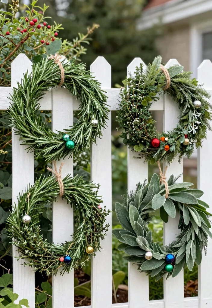 12 Christmas Fence Decor Ideas That Hang Without Drilling Holes - 5. Holiday Herb Wreaths 1