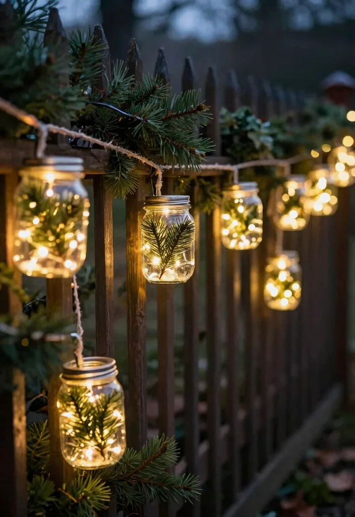 12 Christmas Fence Decor Ideas That Hang Without Drilling Holes - 6. Twinkling Mason Jar Lights 1