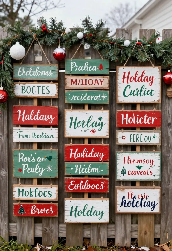 12 Christmas Fence Decor Ideas That Hang Without Drilling Holes - 8. Seasonal Wooden Signage 1