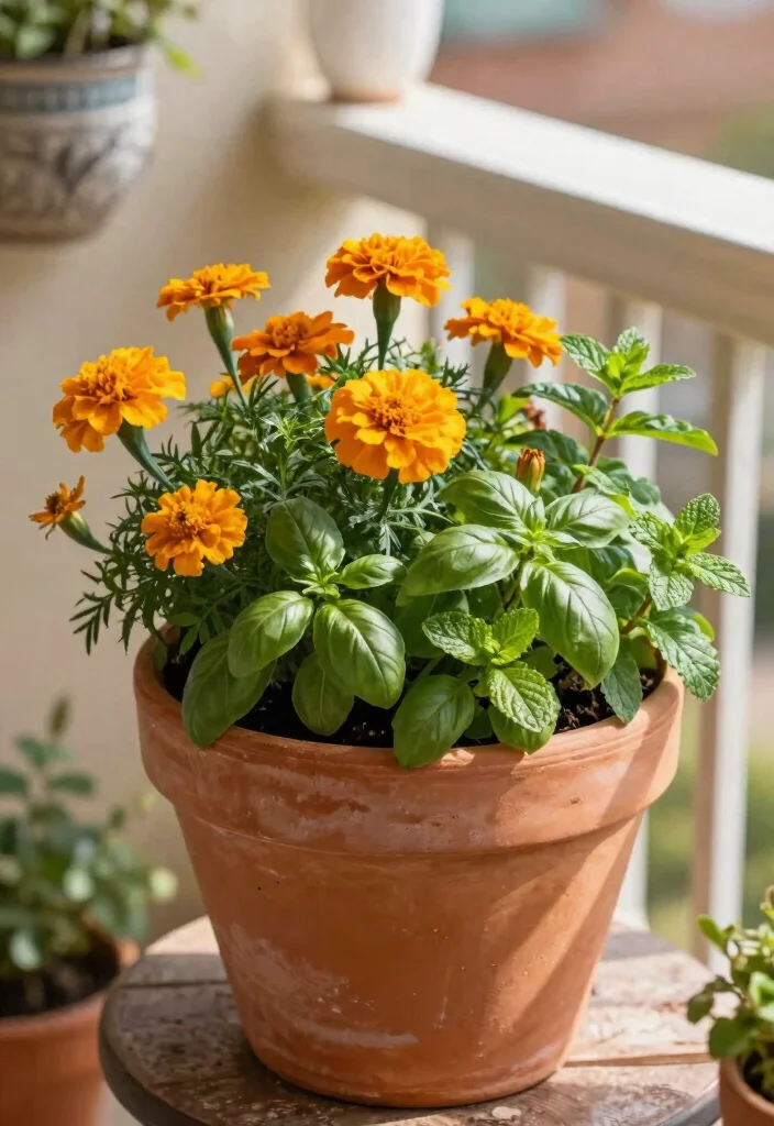 12 Flower Balcony Concepts for Renters Who Can't Drill - 11. Mixed Herb and Flower Containers 1