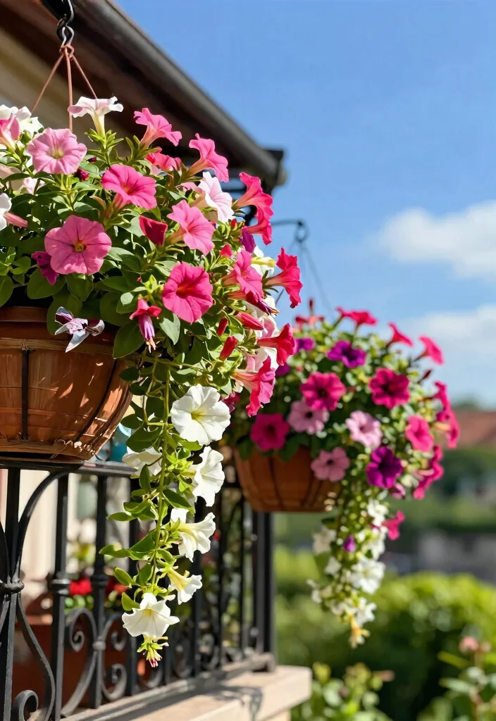 12 Flower Balcony Concepts for Renters Who Can't Drill - 2. Railing Hanging Baskets 1