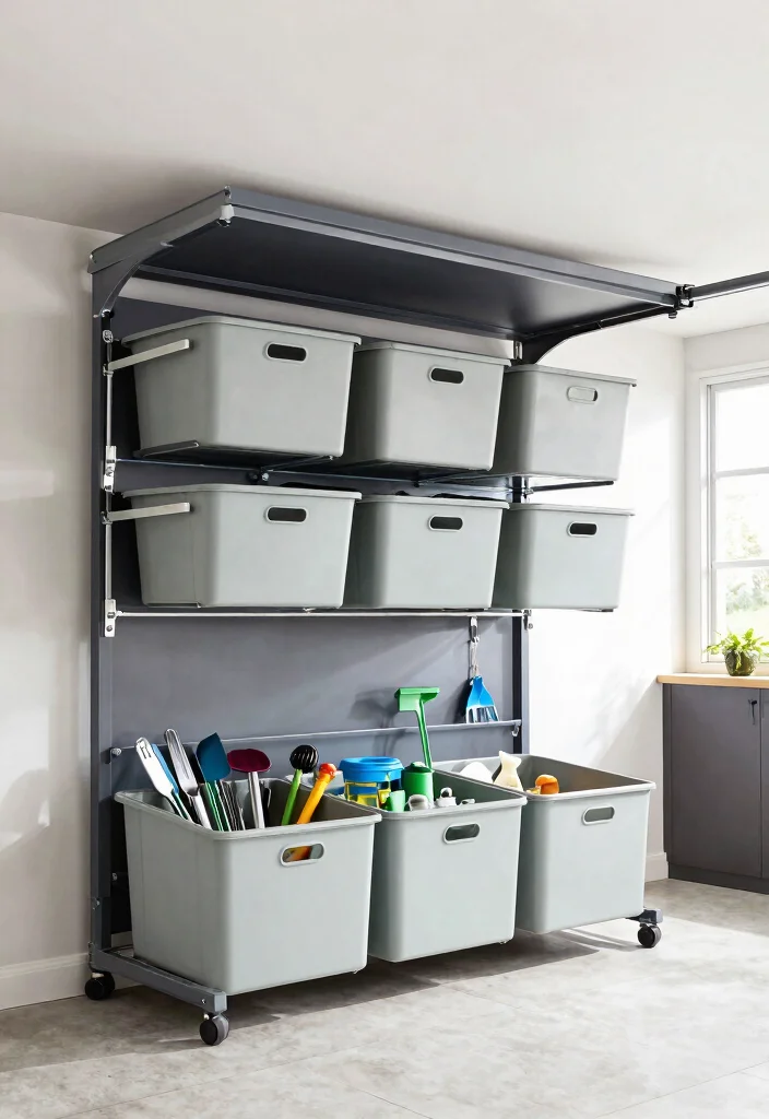 12 Garage Ceiling Storage Ideas That Hold Heavy Bins Securely - 5. Sliding Bin Systems 1