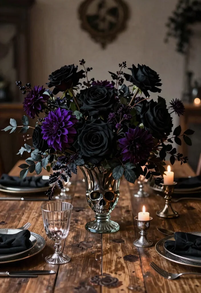 12 Gothic Farmhouse Design Ideas That Don't Look Overdone - 1. Dark Floral Centerpieces 1