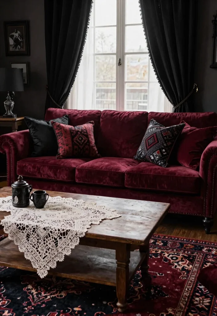 12 Gothic Farmhouse Design Ideas That Don't Look Overdone - 4. Dark Textiles and Fabrics 1