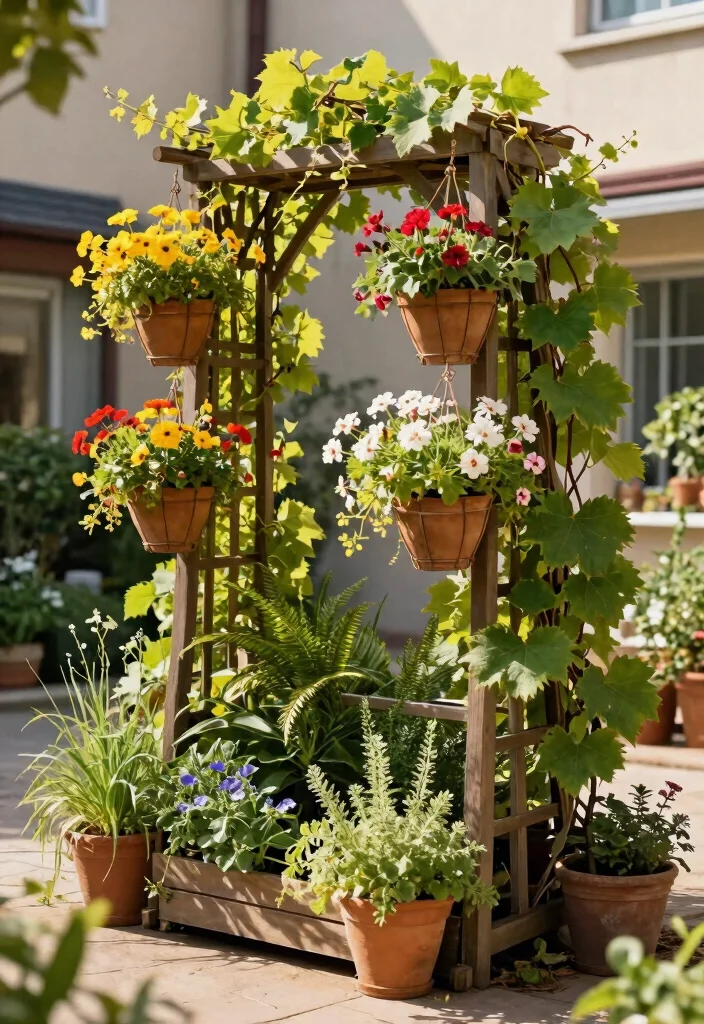 12 Grape Vine Trellis Ideas That Support Heavy Fruit Without Collapsing - 12. Multi-Functional Trellis with Hanging Baskets 1
