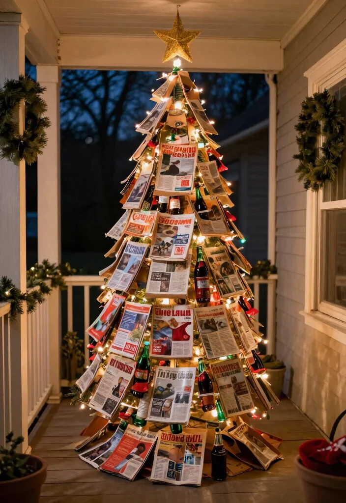 12 Porch Christmas Tree Ideas That Fit Narrow Spaces and Stay Upright - 11. Recycled Material Tree 1