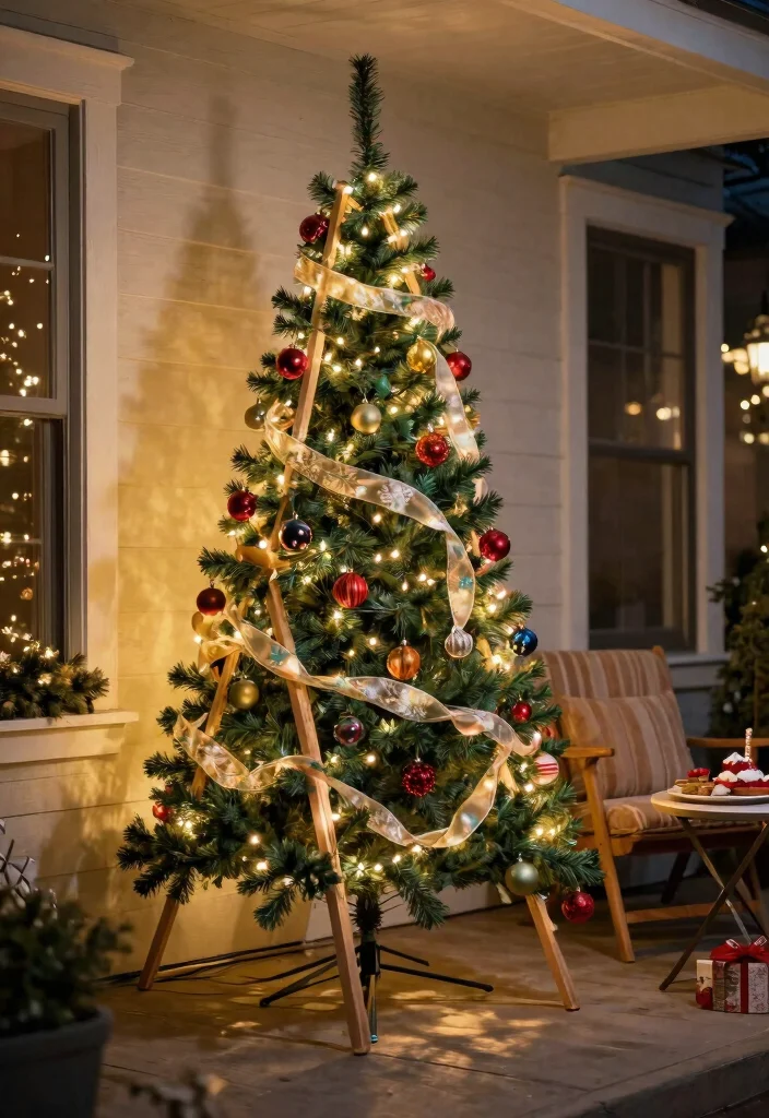 12 Porch Christmas Tree Ideas That Fit Narrow Spaces and Stay Upright - 3. Leaning Christmas Tree 1