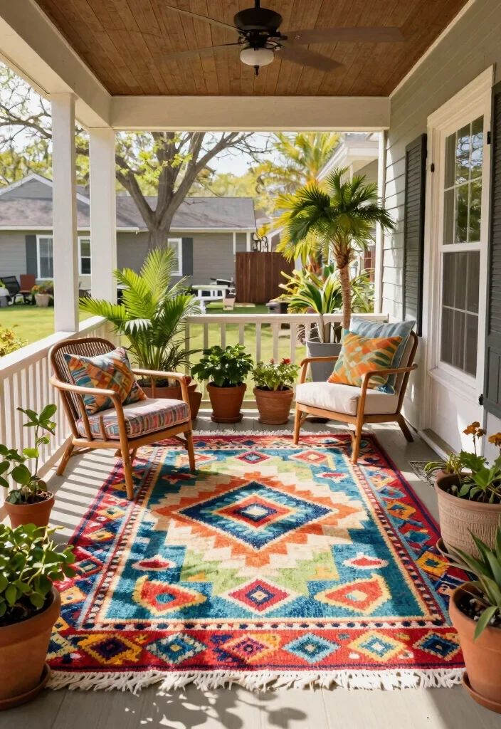 12 Spring Porch Decor Ideas That Transition Easily From Winter - 9. Use Colorful Rugs 1