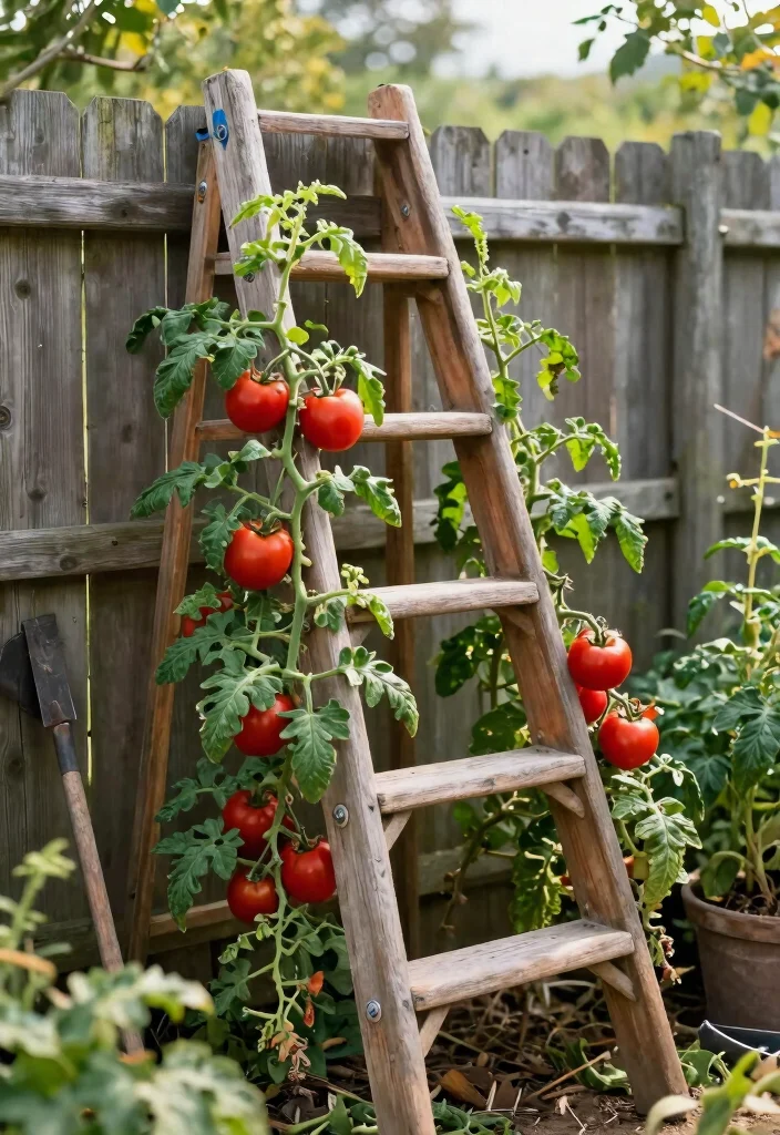 12 Tomato Trellis Ideas That Support Heavy Vines Without Tipping - 5. Repurposed Ladder Trellis 1