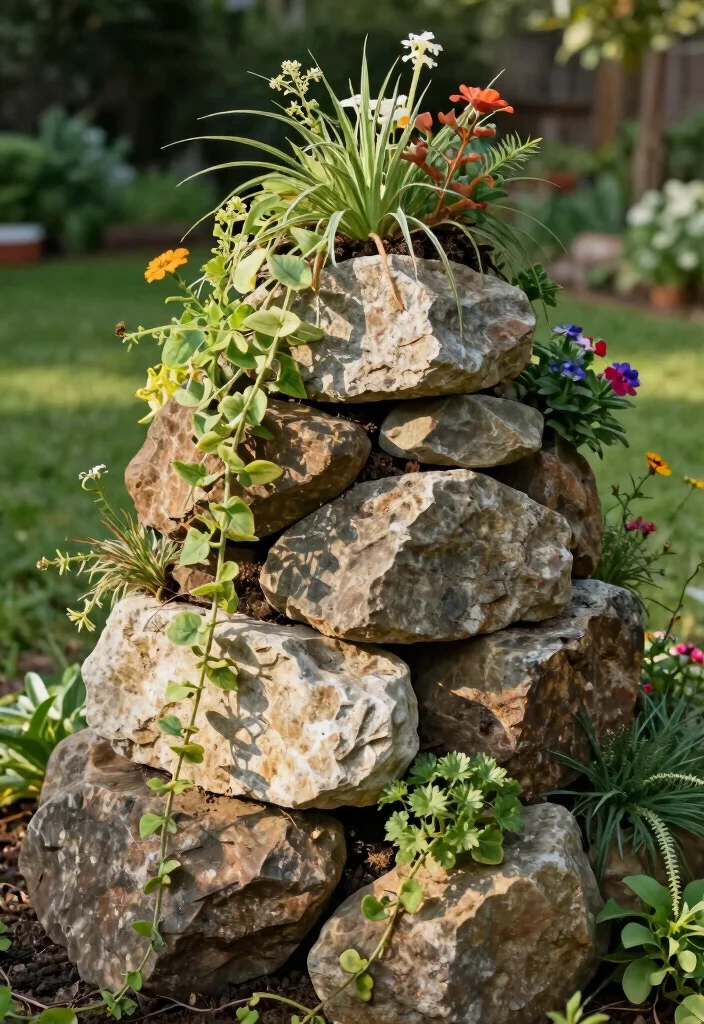 14 Block Planter Concepts That Stack Easily Without Mortar or Glue - 1. Stacked Stone Plant Towers 1