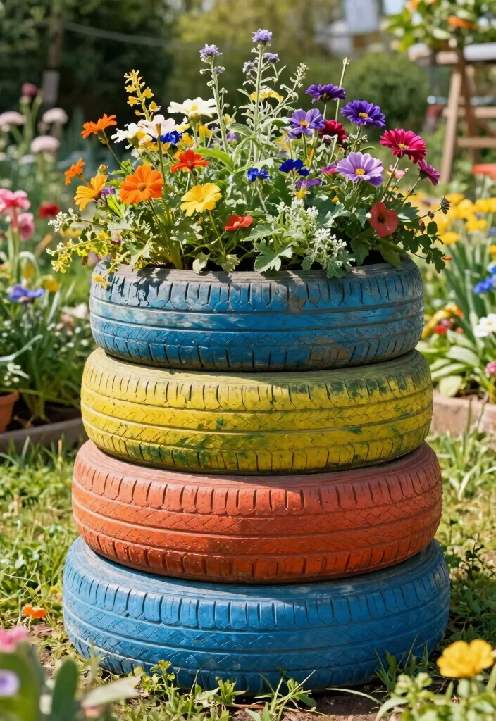 14 Block Planter Concepts That Stack Easily Without Mortar or Glue - 11. Recycled Tire Planters 1