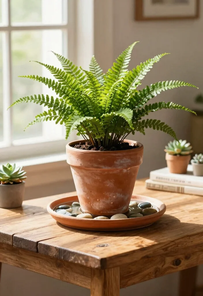 14 Boston Fern Planter Ideas That Keep Soil Moist Longer - 3. Terracotta Pots with Pebble Trays 1