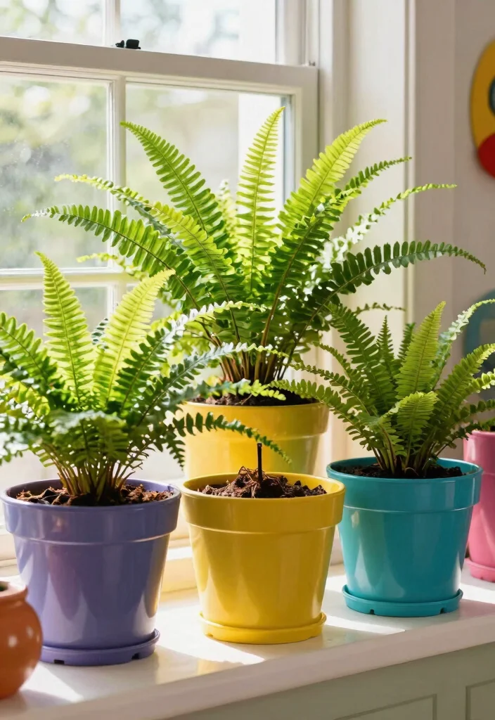 14 Boston Fern Planter Ideas That Keep Soil Moist Longer - 8. Colorful Plastic Pots 1