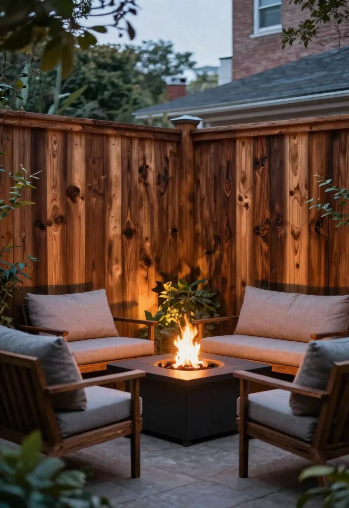 14 Cedar Wood Fence Ideas That Stay Standing Through Any Weather - 9. Stained Cedar Fence with Fire Pit 1