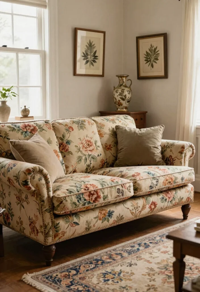 14 Farmhouse Couches Living Room Ideas That Look Expensive Under $800 - 8. Vintage-Inspired Floral Sofa 1