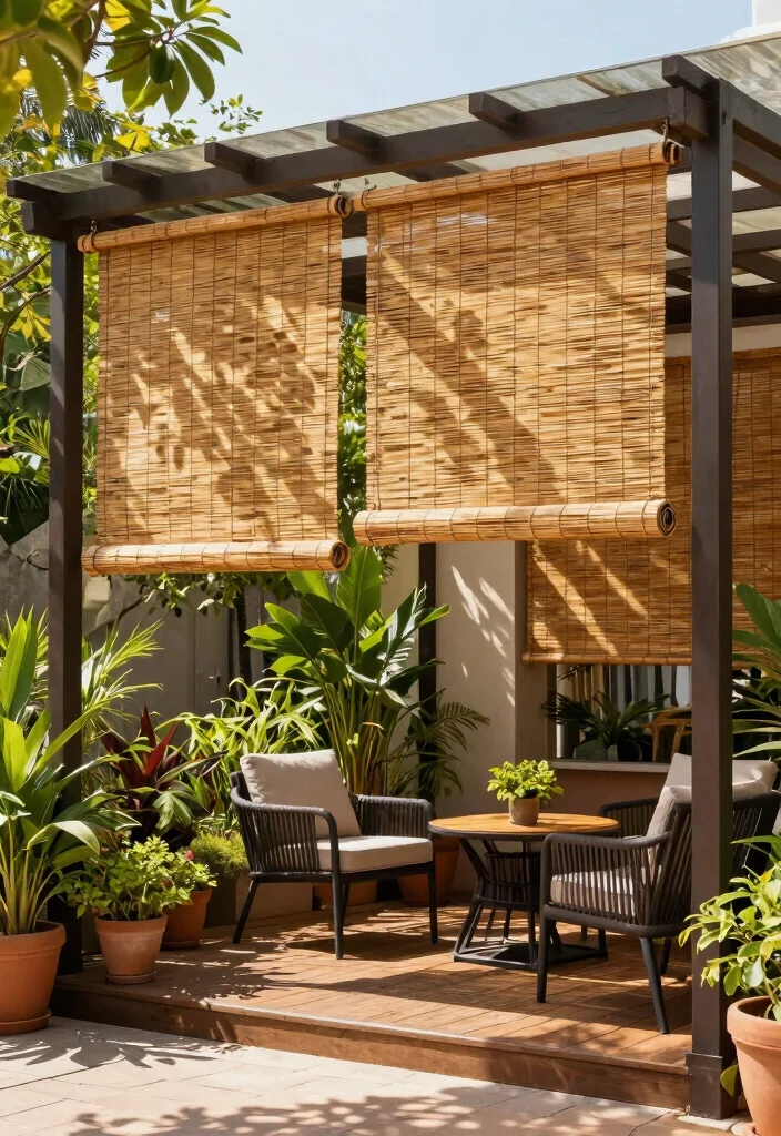 14 Pergola Retractable Shade Ideas That Don't Jam or Tear Easily - 1. Sustainable Bamboo Shades 1