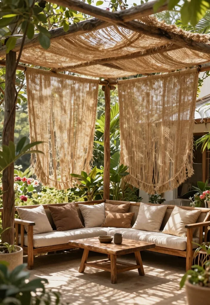 14 Pergola Retractable Shade Ideas That Don't Jam or Tear Easily - 7. Natural Fiber Shades 1