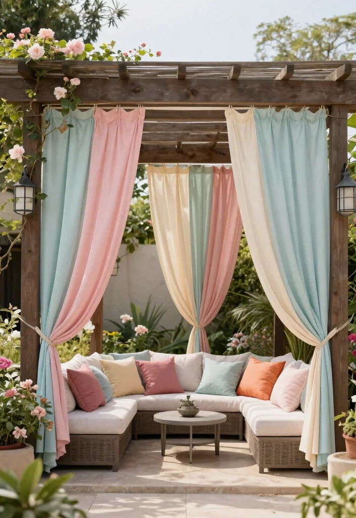 14 Pergola Retractable Shade Ideas That Don't Jam or Tear Easily - 9. Customizable Fabric Curtains 1