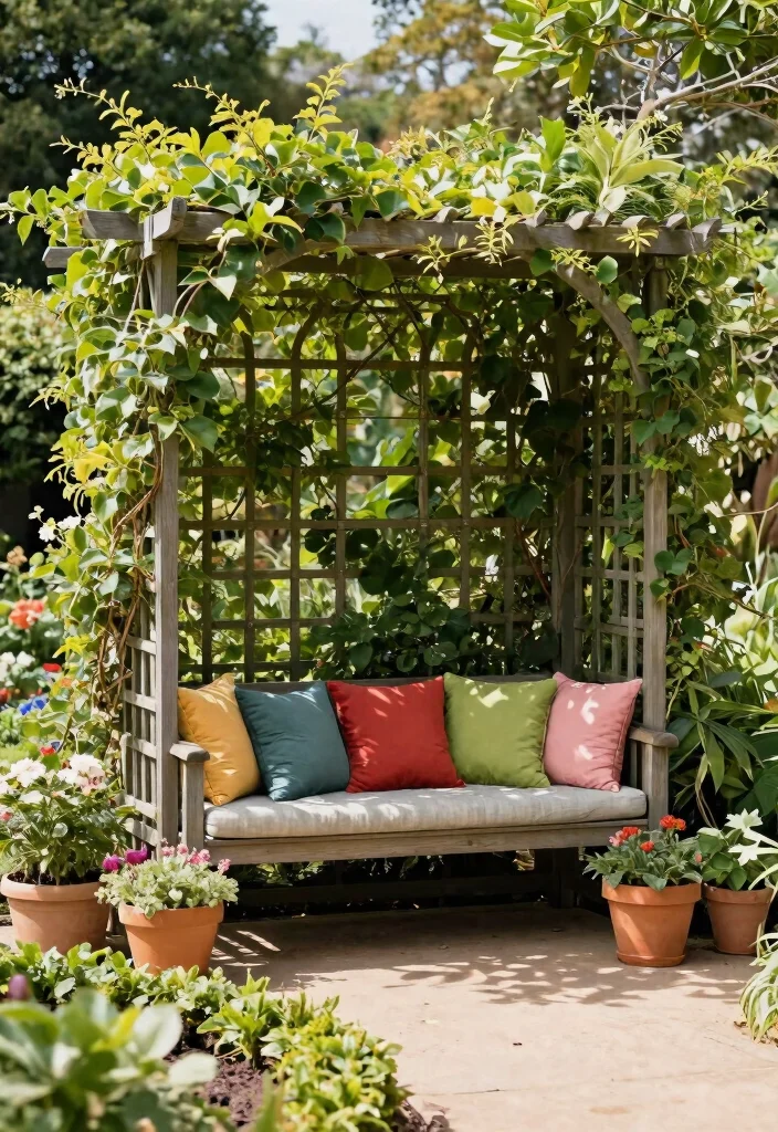 14 Plant Trellis Ideas That Support Heavy Vines Without Tipping - 12. Trellis with Integrated Seating 1