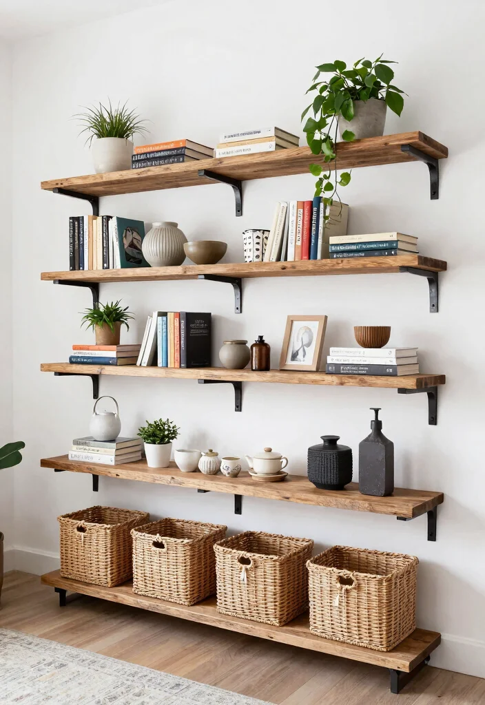 15 Farmhouse Living Room Decor Concepts on a Budget That Feel High-End - 10. Open Shelving Displays 1