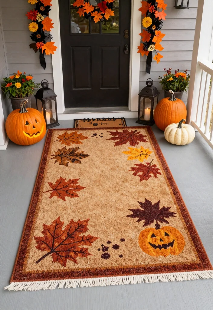 15 Halloween Front Porch Ideas That Stay Put in Wind and Rain - 12. Anchored Outdoor Rugs 1