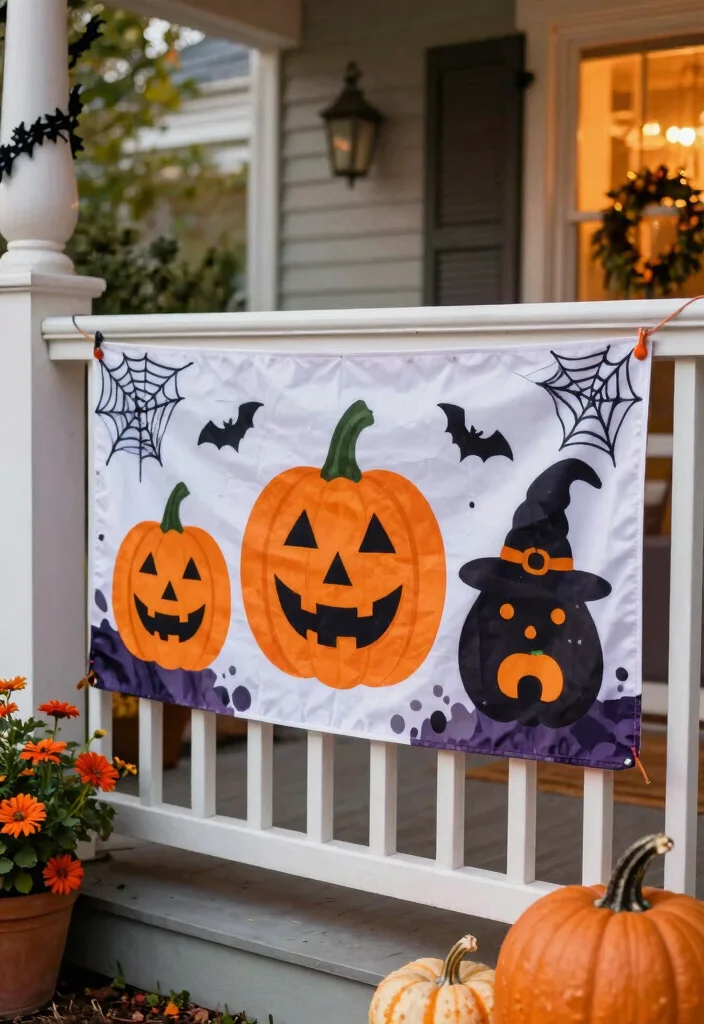 15 Halloween Front Porch Ideas That Stay Put in Wind and Rain - 14. Weatherproof Seasonal Banners 1