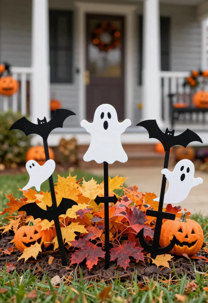 15 Halloween Front Porch Ideas That Stay Put in Wind and Rain - 15. Anchored Decorative Stakes 1