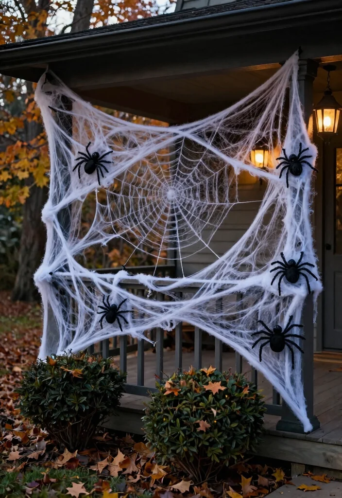 15 Halloween Front Porch Ideas That Stay Put in Wind and Rain - 6. Sturdy Spider Web Decorations 1