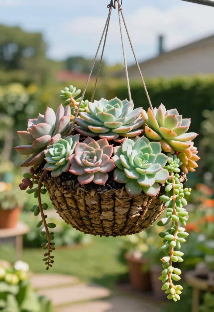 15 Hanging Plants Outdoor Ideas That Survive Full Sun Without Wilting - 6. Succulent Mix 1