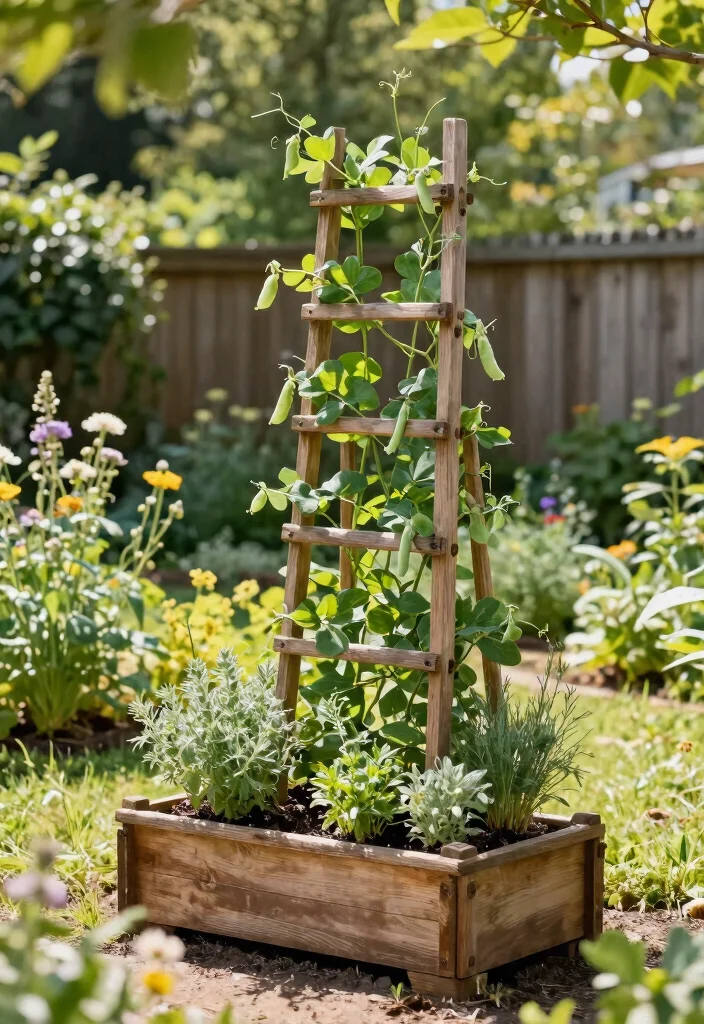 15 Planter Box With Trellis Ideas That Support Heavy Climbing Vines - 1. Rustic Wooden Planter with a Ladder Trellis 1
