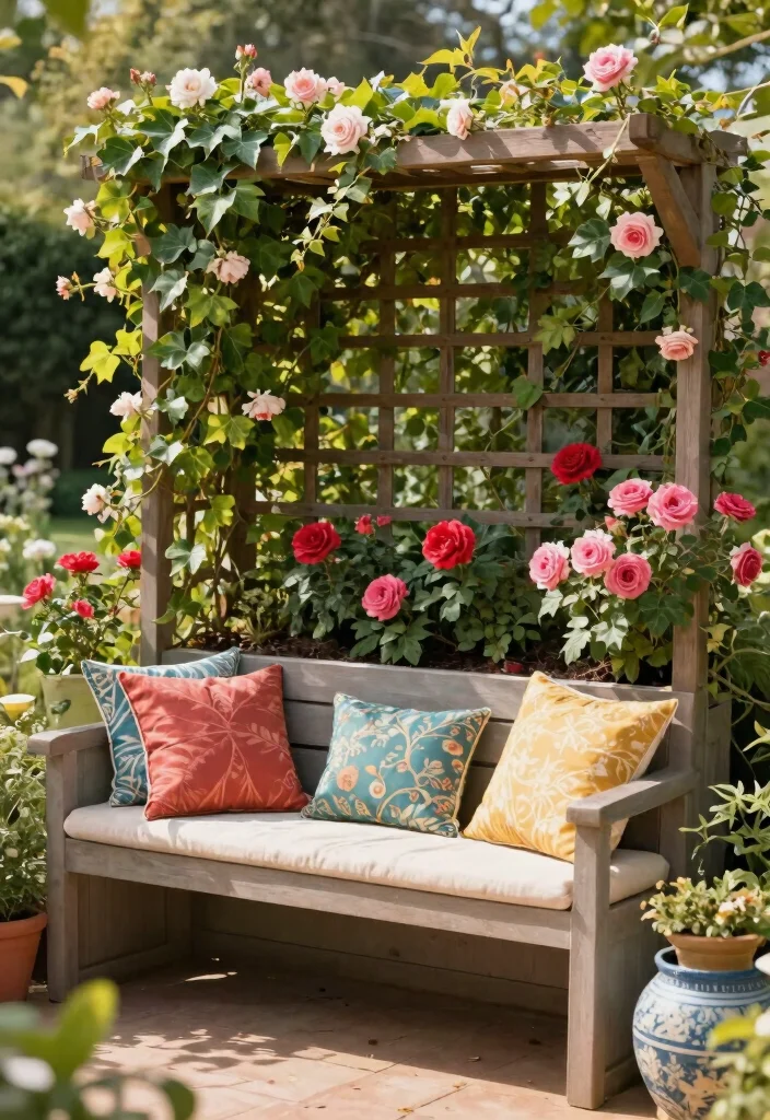 15 Planter Box With Trellis Ideas That Support Heavy Climbing Vines - 13. Integrated Bench Planter with Climbing Vines 1