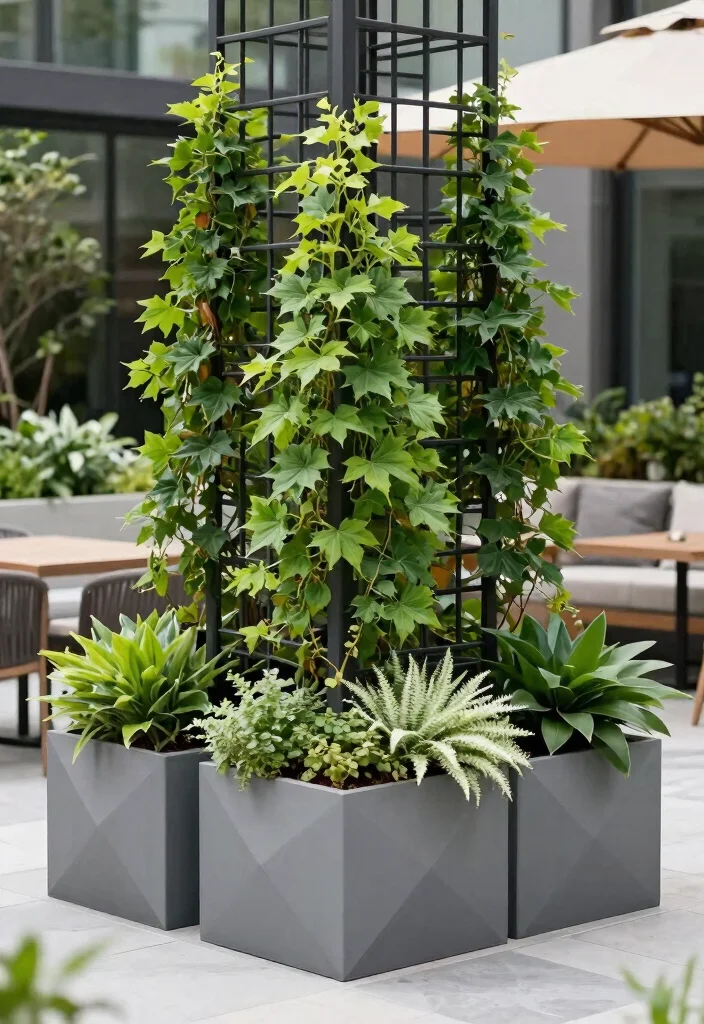 15 Planter Box With Trellis Ideas That Support Heavy Climbing Vines - 14. Geometric Planter Boxes with Vertical Trellis 1