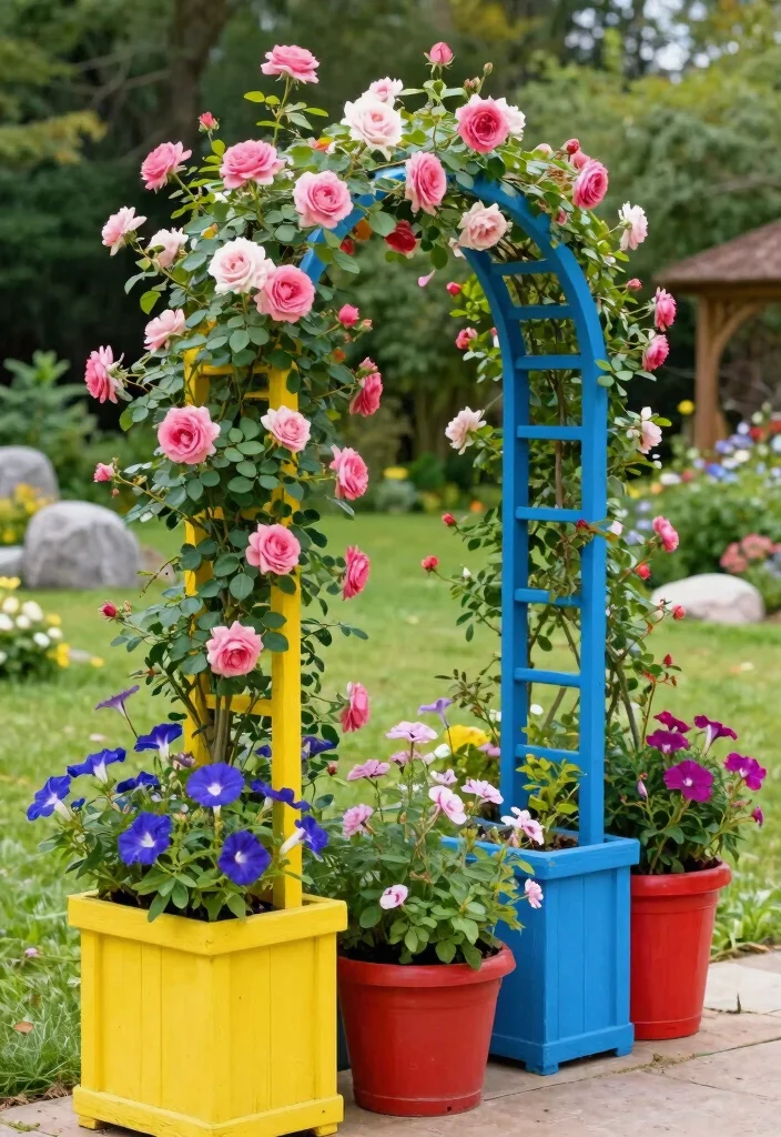 15 Planter Box With Trellis Ideas That Support Heavy Climbing Vines - 7. Colorful Painted Planters with Trellis 1