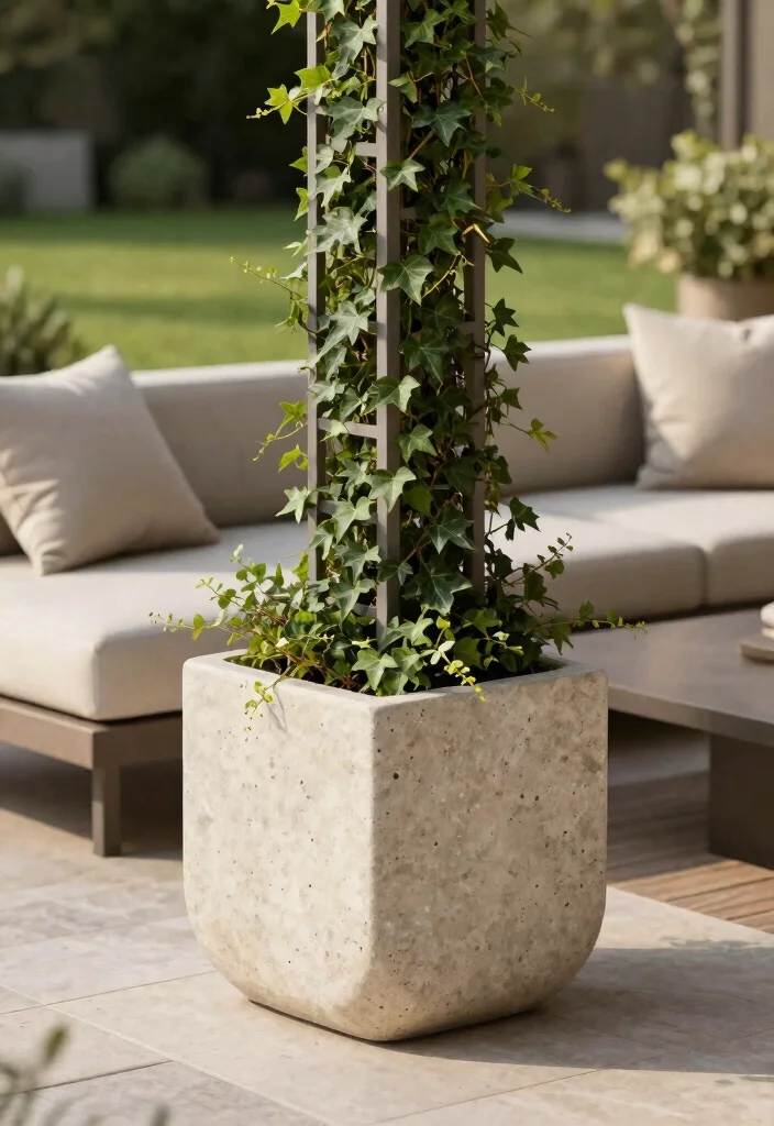 15 Planter Box With Trellis Ideas That Support Heavy Climbing Vines - 8. Minimalist Stone Planter with Trellis 1