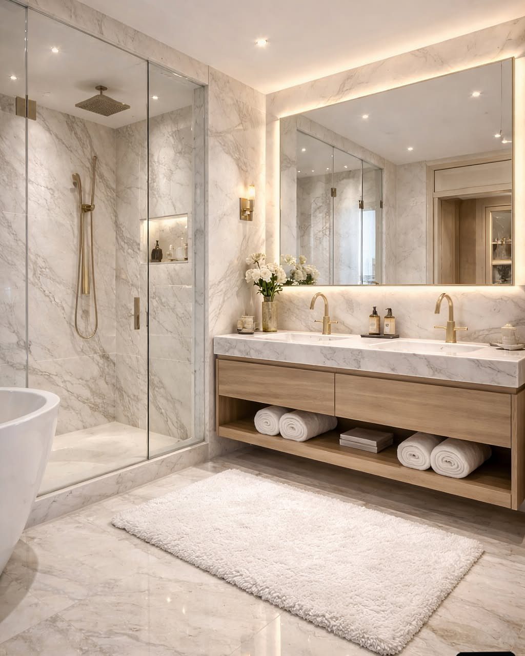 Marble bathroom countertop with gold faucets, wooden vanity, and a large backlit mirror in a luxury setting.